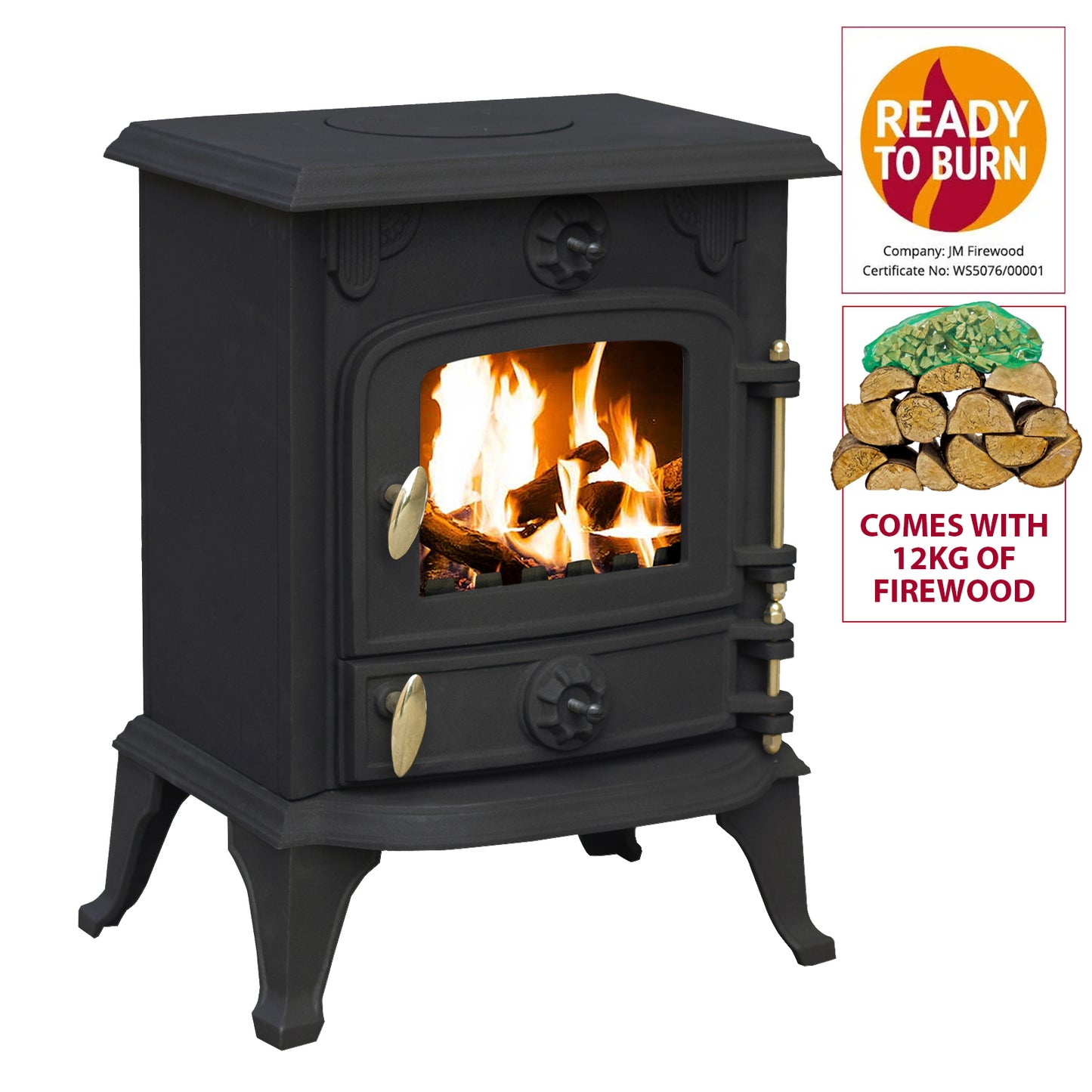 Royal Fire™ 5kW Cast Iron Multifuel Stove + Firewood Starter Kit