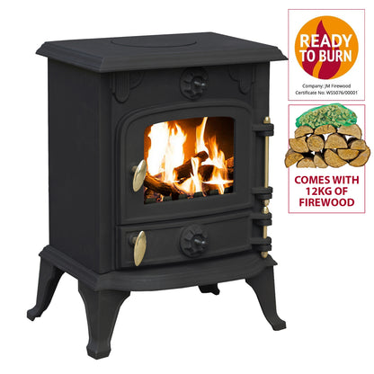 Royal Fire™ 5kW Cast Iron Multifuel Stove + Firewood Starter Kit