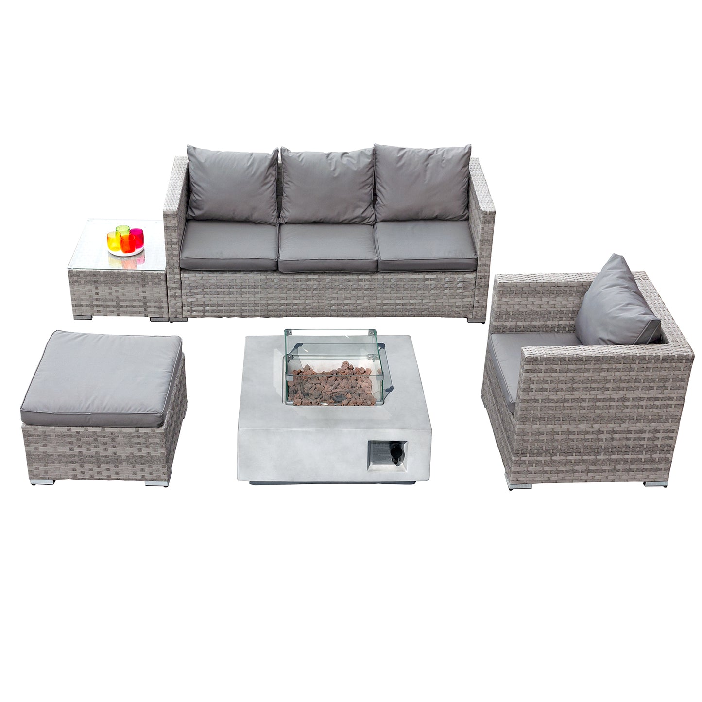 Acorn Rattan 5 Seat Lounge Sofa Set with GRC Firepit in Dove Grey