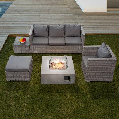 Acorn Rattan 5 Seat Lounge Sofa Set with GRC Firepit in Dove Grey