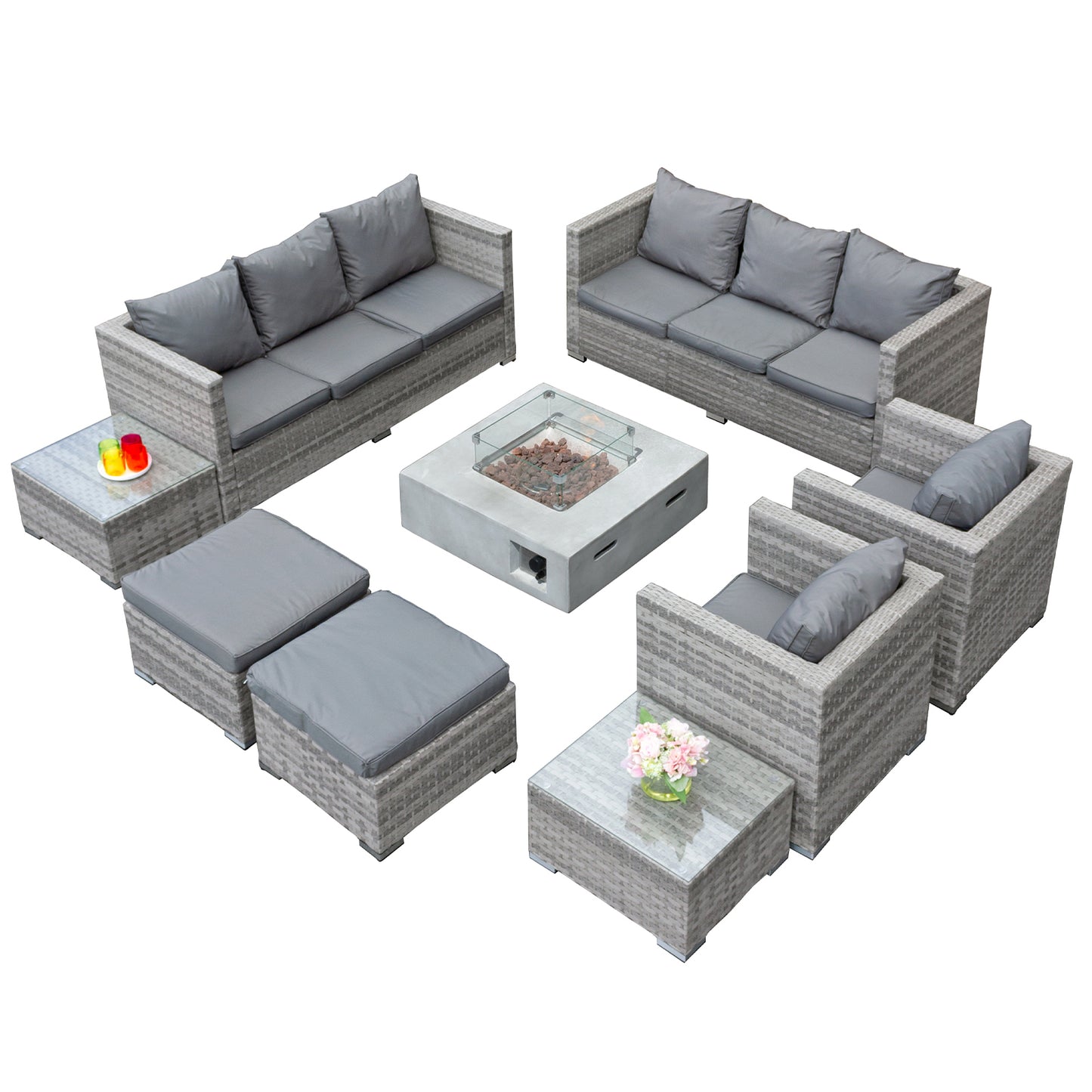 Acorn Deluxe Rattan 10 Seat Modular Sofa Set with GRC Firepit in Dove Grey