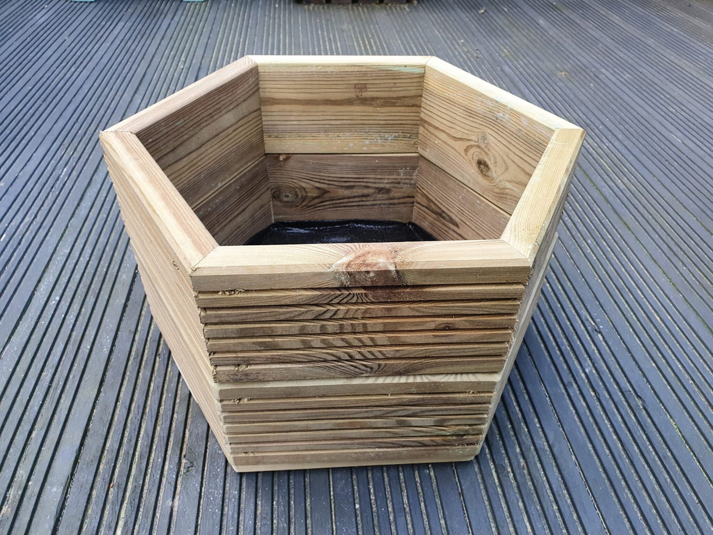 3 Sizes Of Hexagon Wooden Garden Decking Planters For Plants, Shrubs And Flowers