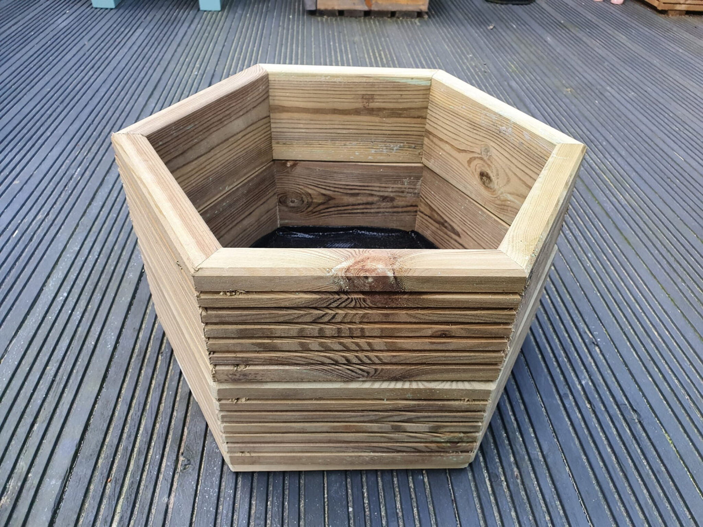 3 Sizes Of Hexagon Wooden Garden Decking Planters For Plants, Shrubs And Flowers