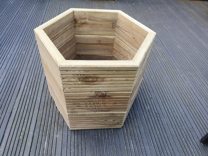 3 Sizes Of Hexagon Wooden Garden Decking Planters For Plants, Shrubs And Flowers